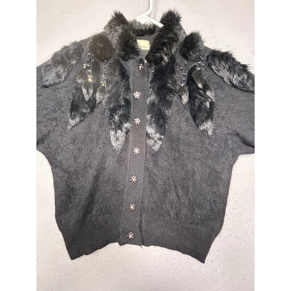High Fashion Cardigan Faux Fur Beaded Tassel Knit Grey OS Womens
